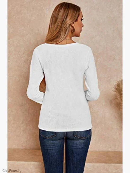 Long Sleeve V-Neck Waffle Knit Pullover Sweater Loose Fit Tee - Picture 5 of 7